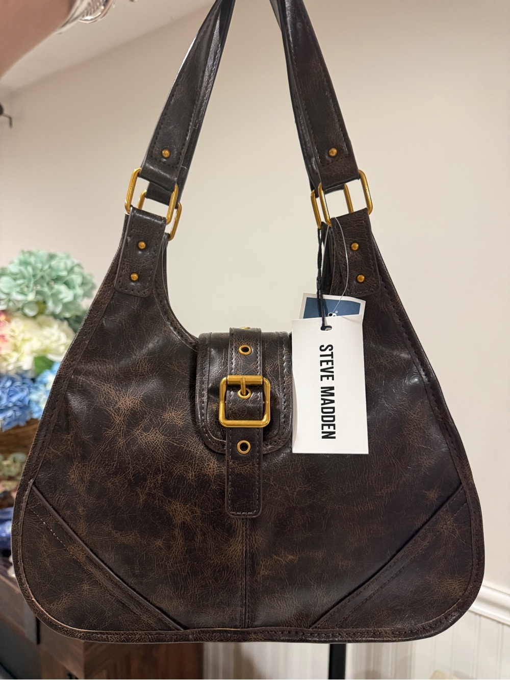 NWT Steve Madden BNORRIS Dark Brown Distressed Shoulder Bag